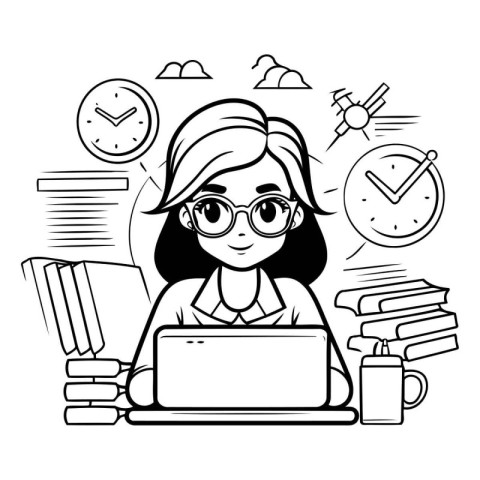 Vector illustration of a girl with glasses working on a laptop.