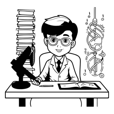 Education school boy with books and microscope cartoon in black