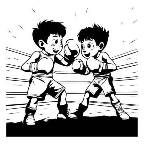 Boxing Kids. Black and White Cartoon Illustration of Two Boxers