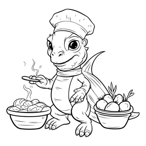 Turtle chef with bowl of vegetables. Coloring book for kids