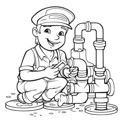 Illustration of a Plumber Repairing a Pipe at Work. Coloring Pag