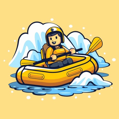 Cute boy in a kayak. Vector illustration on a yellow background.