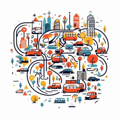 Cityscape with cars. trees and road signs. Vector illustration.