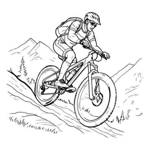 Mountain biker on the bike. Hand drawn vector illustration.