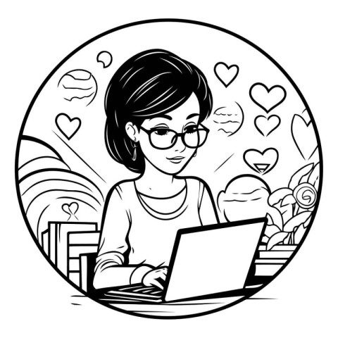 Woman with laptop. Black and white vector illustration. Coloring