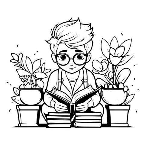 boy reading a book with flowers cartoon vector illustration grap