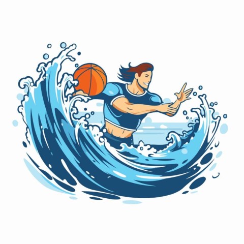 Vector illustration of a young man playing basketball on a blue