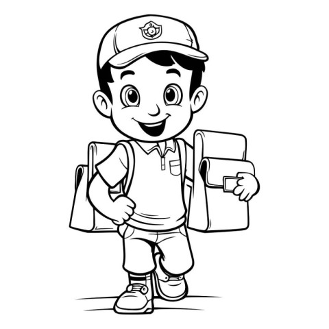 Cartoon school boy with backpack. Vector illustration. Black and