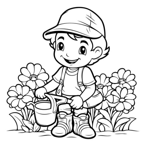 Coloring Page Outline Of a Cute Little Boy Watering Flowers