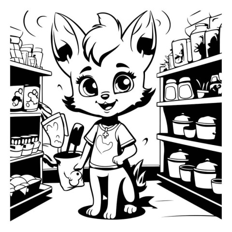 Cartoon illustration of a cute little fox at the grocery store.