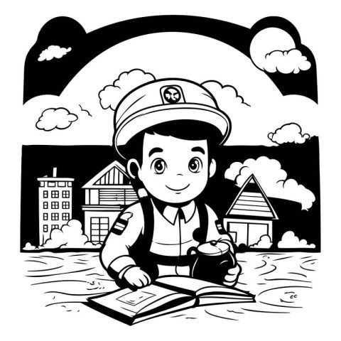 Boy reading a book at the river. black and white vector illustra