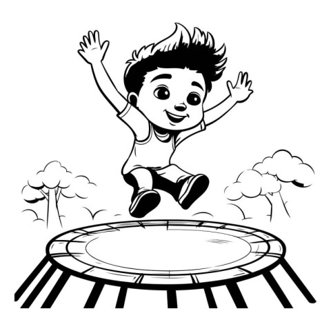 Happy boy jumping on trampoline. Black and white vector illustra