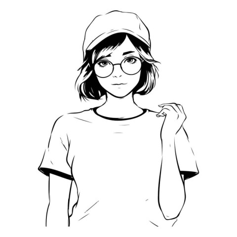 Girl in a cap and glasses on a white background. Vector illustra