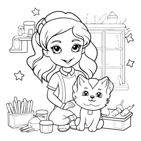 Girl with a cat. Coloring book for children. Vector illustration