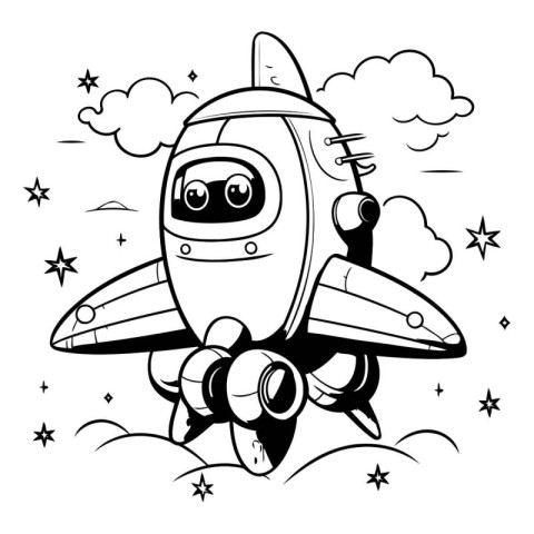 Black And White Cartoon Illustration of Rocket Comic Character F