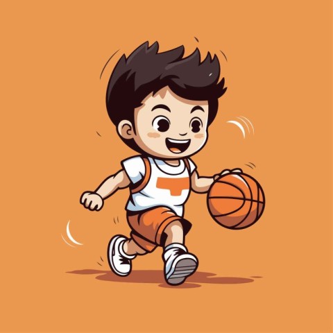 Little boy playing basketball. Vector illustration. Cartoon styl