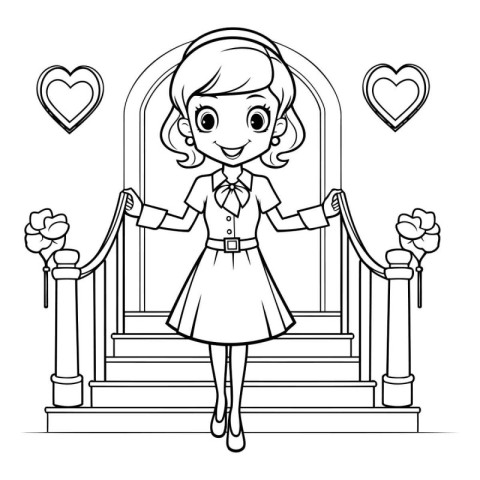 Cute little girl on the stairs. Vector illustration for coloring