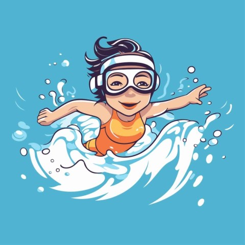 Cute cartoon little girl swimming on a wave. Vector illustration