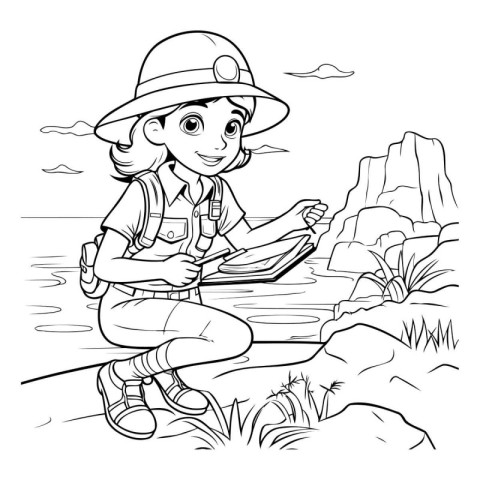 Coloring Page Outline Of a Cute Little Girl Hiking