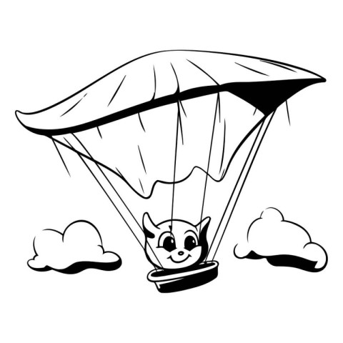 Parachute flying in the sky. Black and white vector illustration