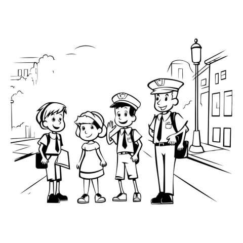 Cartoon police officer with children on the street vector illust