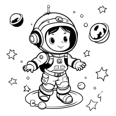 Cute little boy astronaut in space. Vector illustration for colo