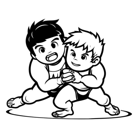 Boys wrestling - black and white version. vector illustration. n