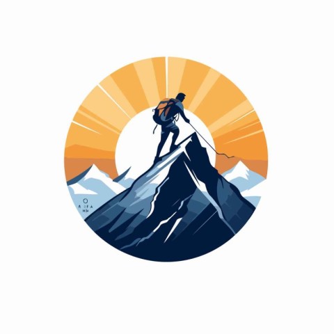 Mountain climber on the top of a mountain. Vector illustration