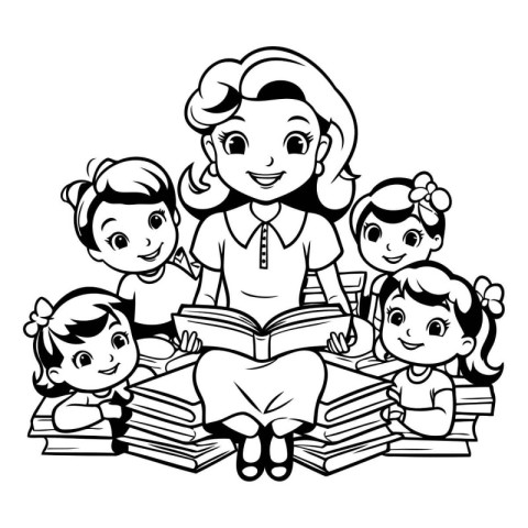 teacher and kids with books. black and white vector illustration