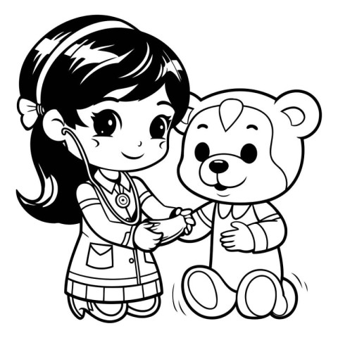 Doctor and teddy bear - Black and White Cartoon Illustration. Ve