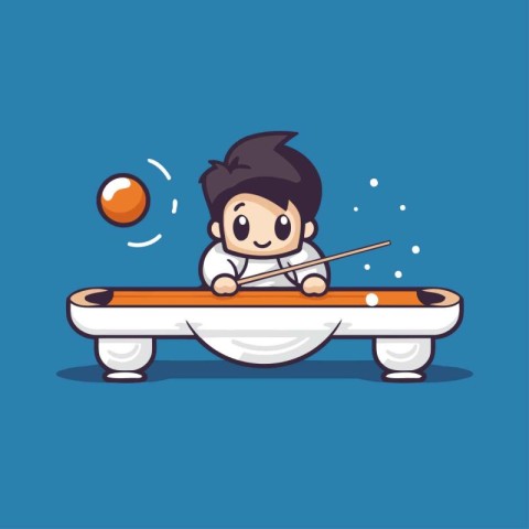 Cute boy playing billiards. Vector cartoon character illustratio