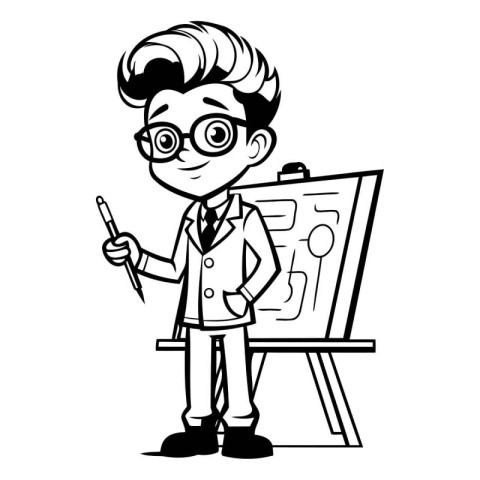 Cartoon scientist boy in lab coat and glasses drawing on blackbo