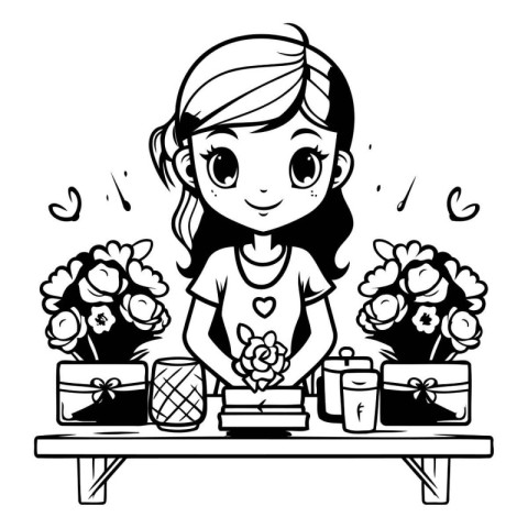 Cute little girl making bouquet of flowers. Vector illustration.