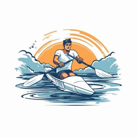 Man rowing on a kayak in the sea. Vector illustration.