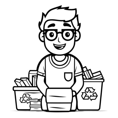 Cartoon man with trash. Black and white vector illustration of a