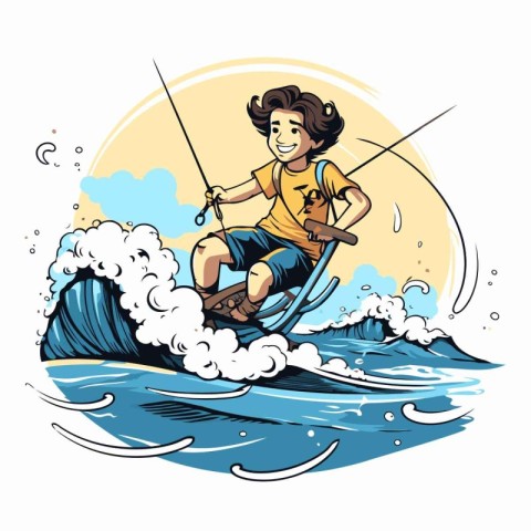 Vector illustration of a young man riding a water skiing on the