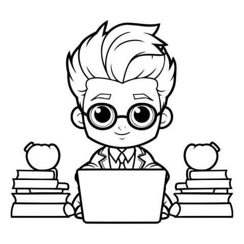 Cute nerd boy cartoon with laptop and books vector illustration