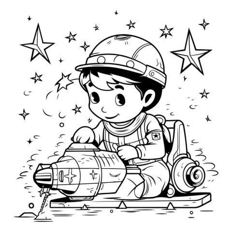 Black and White Cartoon Illustration of Kid Boy Playing Spacecra