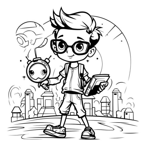 Boy with alarm clock in the city. Black and white vector illustr