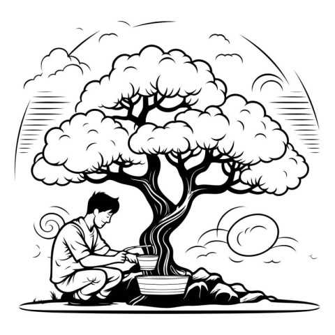 Vector illustration of a man watering the tree. Black and white