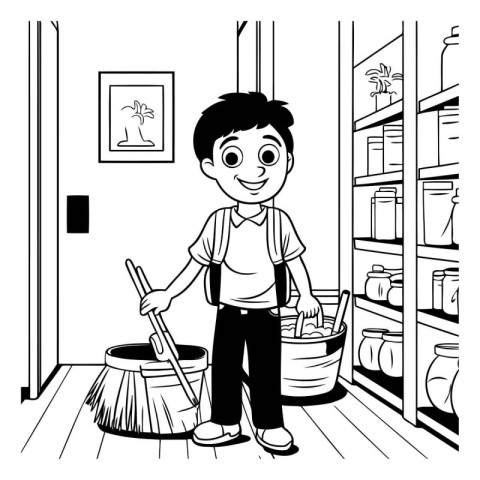 Household chores and housekeeping boy with mop and broom cartoon