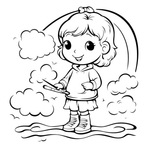 Black and White Cartoon Illustration of Cute Little Girl Holding