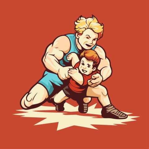 Vector illustration of a father and son wrestling in a cartoon s
