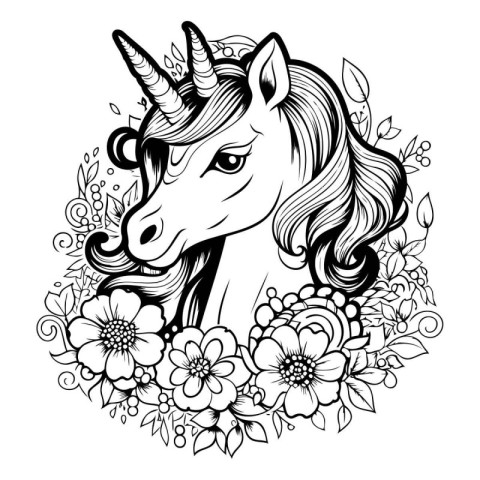 Unicorn head with flowers. Vector illustration in black and whit