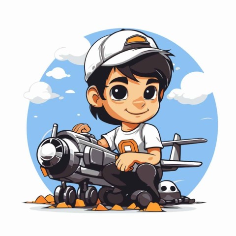 Cute cartoon boy playing with a toy airplane. Vector illustratio