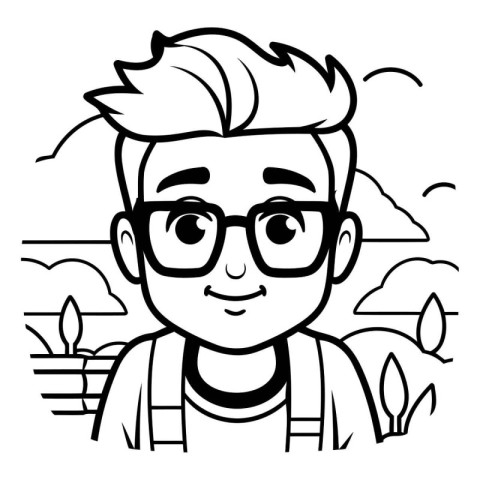 Young man with glasses in the park. Vector illustration in black