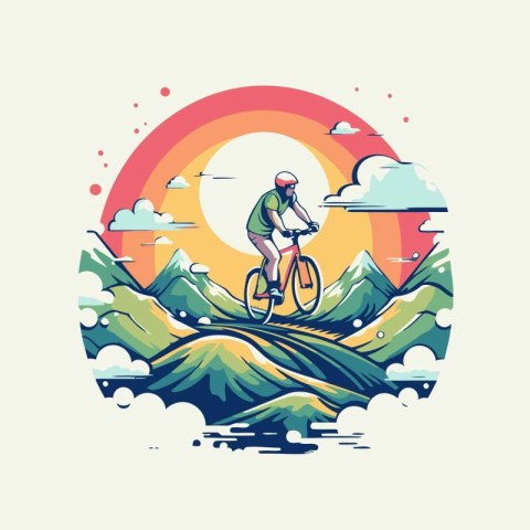 Cyclist riding mountain bike in the mountains. Vector illustrati