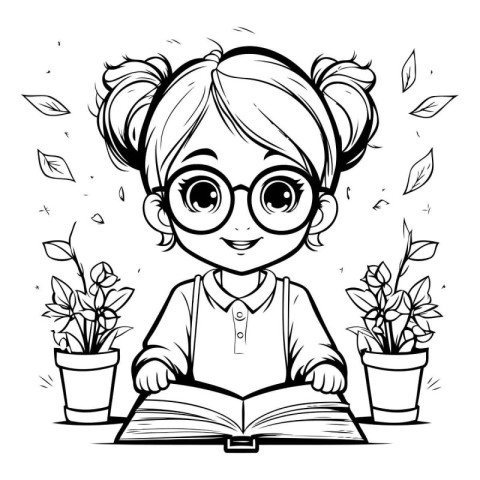 Cute cartoon girl reading a book. Vector illustration for colori