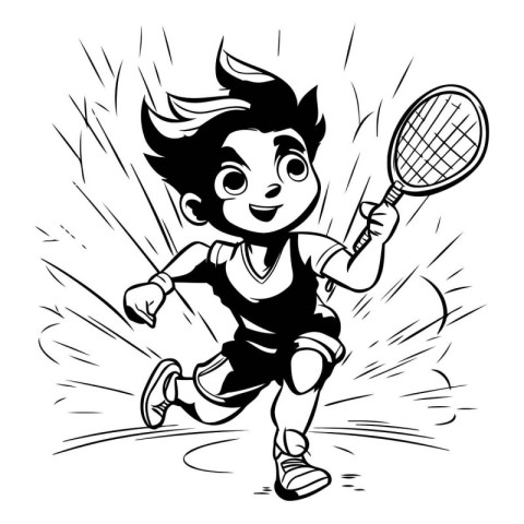 boy playing badminton - black and white vector illustration of a