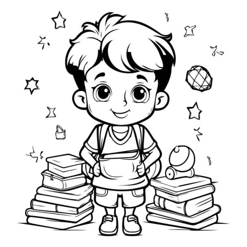 Black and White Cartoon Illustration of Cute Little Boy Student